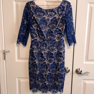 Eliza J Womens Embroidered Lace Overlay Sheath Dress Sz 4 Blue